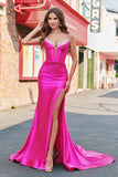 Mermaid Corset Sequined Long Fuchsia Prom Dress with Slit