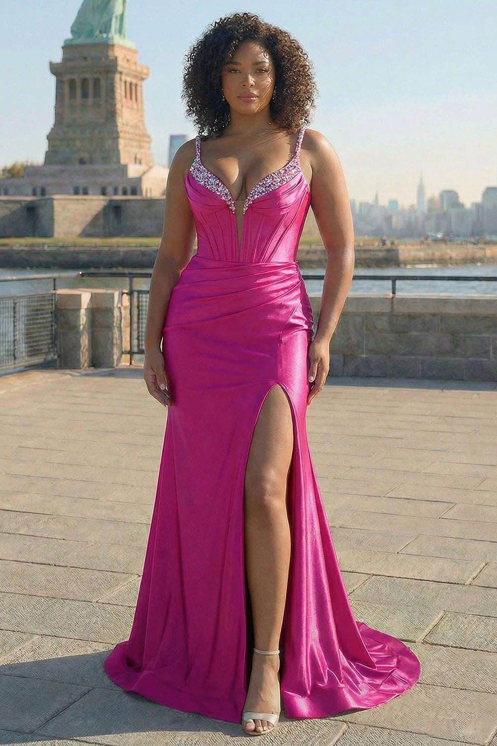 ZAPAKA Women Fuchsia Plus Size Prom Dress with Slit Spaghetti Straps Mermaid Corset Sequined Evening Dress, Fuchsia / US20W ZAPAKA Women Fuchsia Plus Size Prom Dress with Slit Spaghetti Straps Mermaid Corset Sequined Evening Dress, Fuchsia / US20W