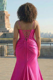 Fuchsia Mermaid Corset Spaghetti Straps Plus Size Prom Dress with Slit