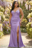 Fuchsia Mermaid Corset Spaghetti Straps Plus Size Prom Dress with Slit