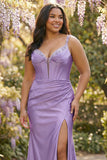 Fuchsia Mermaid Corset Spaghetti Straps Plus Size Prom Dress with Slit