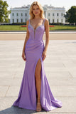 Fuchsia Mermaid Spaghetti Straps Corset Sequin Prom Dress with Slit