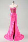 Fuchsia Sweetheart Mermaid Satin Long Corset Prom Dress with Appliques