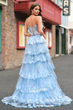 Strapless Blue A Line Sequin Corset Tiered Long Prom Dress