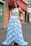 Strapless Blue A Line Sequin Corset Tiered Long Prom Dress