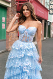 Strapless Blue A Line Sequin Corset Tiered Long Prom Dress