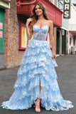 Strapless Blue A Line Sequin Corset Tiered Long Prom Dress