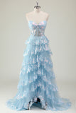 Strapless Blue A Line Sequin Corset Tiered Long Prom Dress