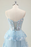 Glitter Blue A Line Strapless Sequin Corset Tiered Long Prom Dress