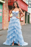 Strapless Blue A Line Sequin Corset Tiered Long Prom Dress