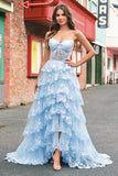 Strapless Blue A Line Sequin Corset Tiered Long Prom Dress