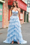 Strapless Blue A Line Sequin Corset Tiered Long Prom Dress