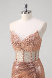 Sparkly Rose Golden Mermaid Corset Long Prom Dress With Sequins