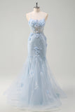 Blue Mermaid Spaghetti Straps Tulle Long Corset Prom Dress with 3D Flowers