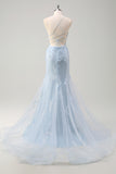 Blue Mermaid Spaghetti Straps Tulle Long Corset Prom Dress with 3D Flowers