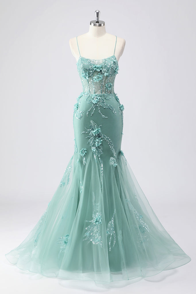 Charming Sky Blue Spaghetti Straps Tulle Sequin Mermaid Evening Dress Long Prom Dress With Gloves D887