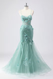 Blue Mermaid Spaghetti Straps Tulle Long Corset Prom Dress with 3D Flowers