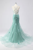 Blue Mermaid Spaghetti Straps Tulle Long Corset Prom Dress with 3D Flowers