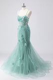 Blue Mermaid Spaghetti Straps Tulle Long Corset Prom Dress with 3D Flowers