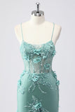 Blue Mermaid Spaghetti Straps Tulle Long Corset Prom Dress with 3D Flowers