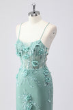 Blue Mermaid Spaghetti Straps Tulle Long Corset Prom Dress with 3D Flowers