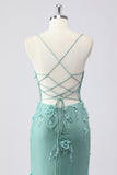 Blue Mermaid Spaghetti Straps Tulle Long Corset Prom Dress with 3D Flowers