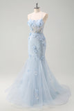 Blue Mermaid Spaghetti Straps Tulle Long Corset Prom Dress with 3D Flowers