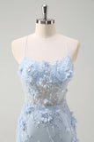 Blue Mermaid Spaghetti Straps Tulle Long Corset Prom Dress with 3D Flowers