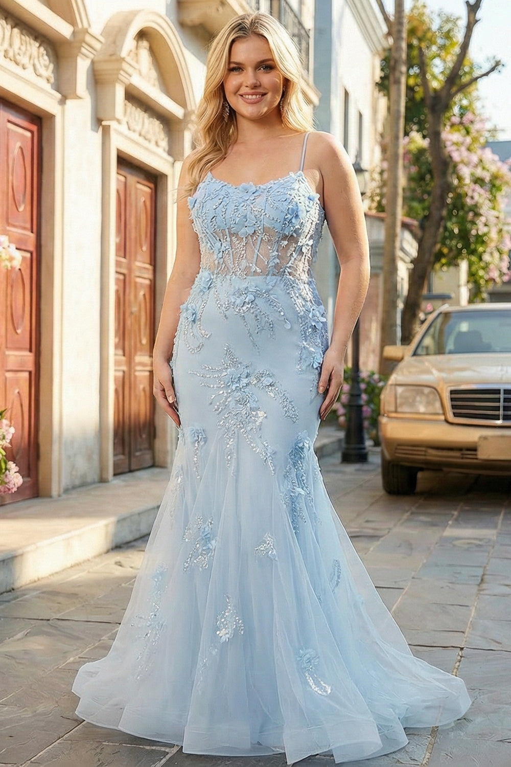 Zapaka Women Blue Long Plus Size Prom Dress Mermaid Spaghetti Straps Corset Tulle Evening Party Dress with 3D Flowers, Blue / US14 Zapaka Women Blue Long Plus Size Prom Dress Mermaid Spaghetti Straps Corset Tulle Evening Party Dress with 3D Flowers, Blue / US14