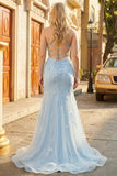 Blue Mermaid Corset Tulle Long Plus Size Prom Dress with 3D Flowers