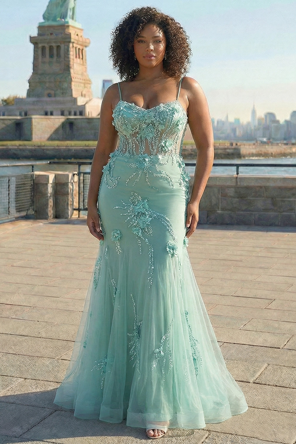 ZAPAKA Women Blue Long Plus Size Prom Dress Mermaid Spaghetti Straps Corset  Tulle Evening Party Dress with 3D Flowers
