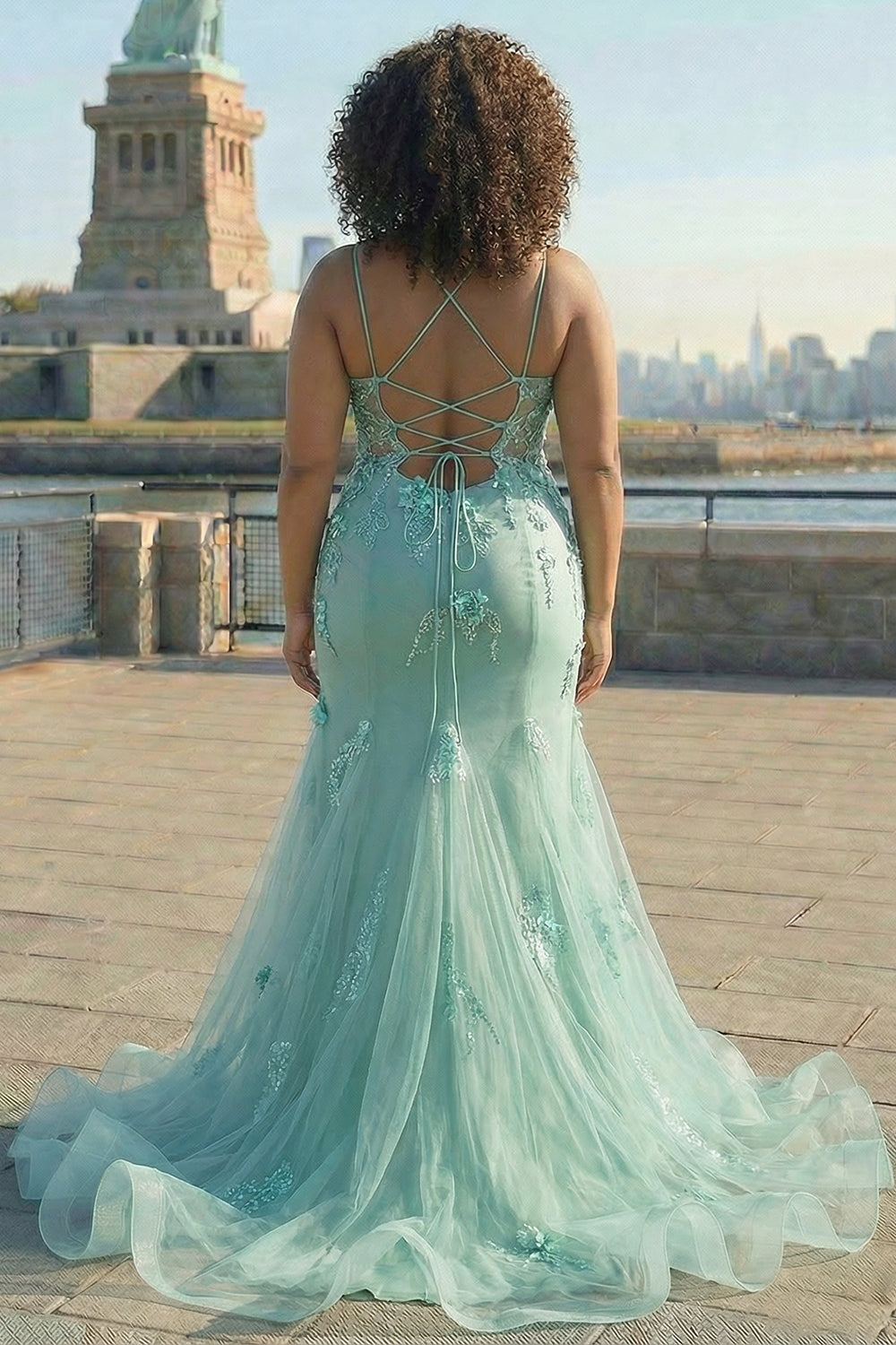 ZAPAKA Women Blue Long Plus Size Prom Dress Mermaid Spaghetti Straps Corset Tulle Evening Party Dress with 3D Flowers ZAPAKA Women Blue Long Plus Size Prom Dress Mermaid Spaghetti Straps Corset Tulle Evening Party Dress with 3D Flowers