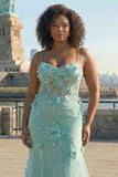 Green Mermaid Corset 3D Flowers Plus Size Long Prom Dress with Lace Up Back