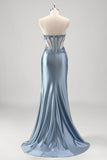 Sparkly Grey Blue Mermaid Beaded Strapless Metallic Prom Dress with Slit