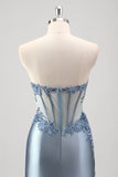 Sparkly Grey Blue Mermaid Beaded Strapless Metallic Prom Dress with Slit