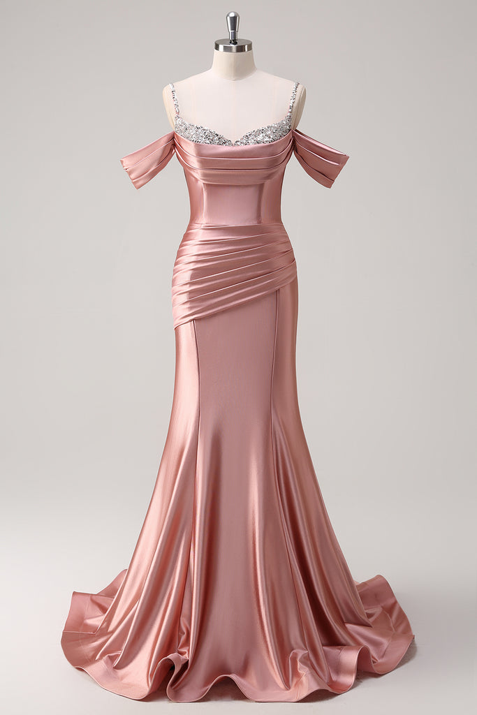 Simple Sparkly Beading Sweetheart Ruched Corset Long Prom Dresses with Satin