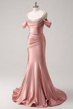 Glitter Blush Mermaid Cold Shoulder Ruched Long Prom Dress with Beading