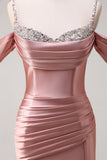 Glitter Blush Mermaid Cold Shoulder Ruched Long Prom Dress with Beading