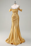 Sparkly Golden Mermaid Cold Shoulder Sequined Ruched Satin Long Prom Dress