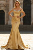 Golden Mermaid Ruched Cold Shoulder Satin Long Prom Dress with Sequins