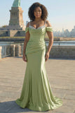 Sparkly Golden Cold Shoulder Sequined Mermaid Satin Long Plus Size Prom Dress