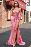 Mermaid Satin Sequined Corset Coral Long Prom Dress with Slit