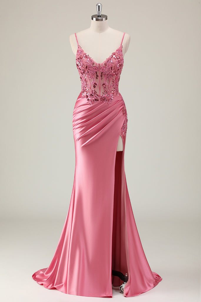 Sparkly Coral Orange Mermaid Prom Dress with Slit- Sequined Corset Gown, PD37881 main image 0