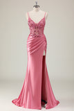 Mermaid Satin Sequined Corset Coral Long Prom Dress with Slit