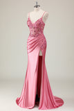 Sparkly Coral Mermaid Sequins Spaghetti Straps Corset Long Prom Dress with Slit