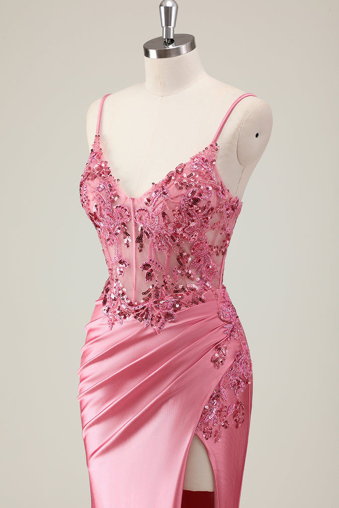 Glitter Coral Sequined Prom Dress Long Formal Gown with Slit Detailing main image 1