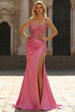 Mermaid Sequins Sheer Corset Coral Long Prom Dress with Slit
