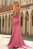 Mermaid Sequins Sheer Corset Coral Long Prom Dress with Slit