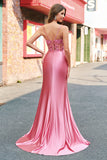 Mermaid Satin Sequined Corset Coral Long Prom Dress with Slit