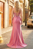 Sparkly Coral Mermaid Sequins Spaghetti Straps Corset Long Prom Dress with Slit
